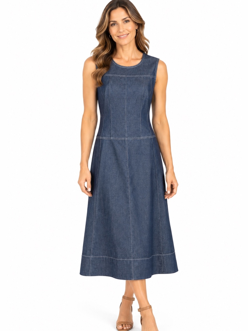 DONNA KARAN New York Denim Paneled A-Line Midi Dress POCKETS Size 10